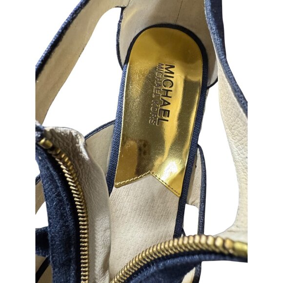 Michael Kors Navy Blue Canvas & Jute Wedge Sandals With Gold Zipper‎ Size 9.5 - Picture 11 of 11